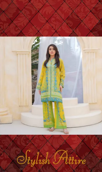 Husnara Lawn Cotton Stitched Co-Ords _ Lemon Yellow 